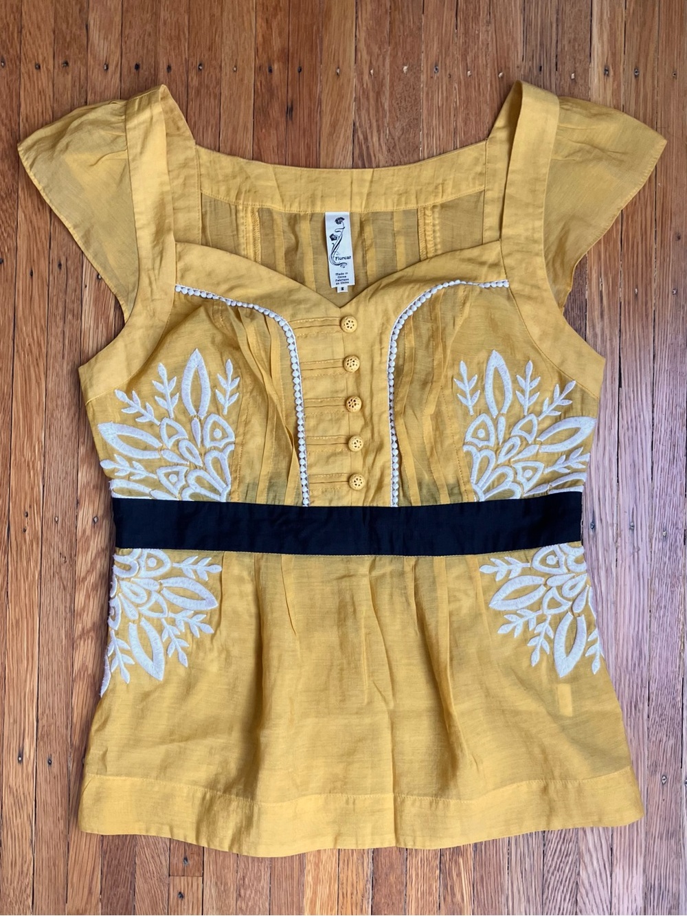 Floreat - Anthropologie. Yellow Embroidered Cap-Sleeve Shirt